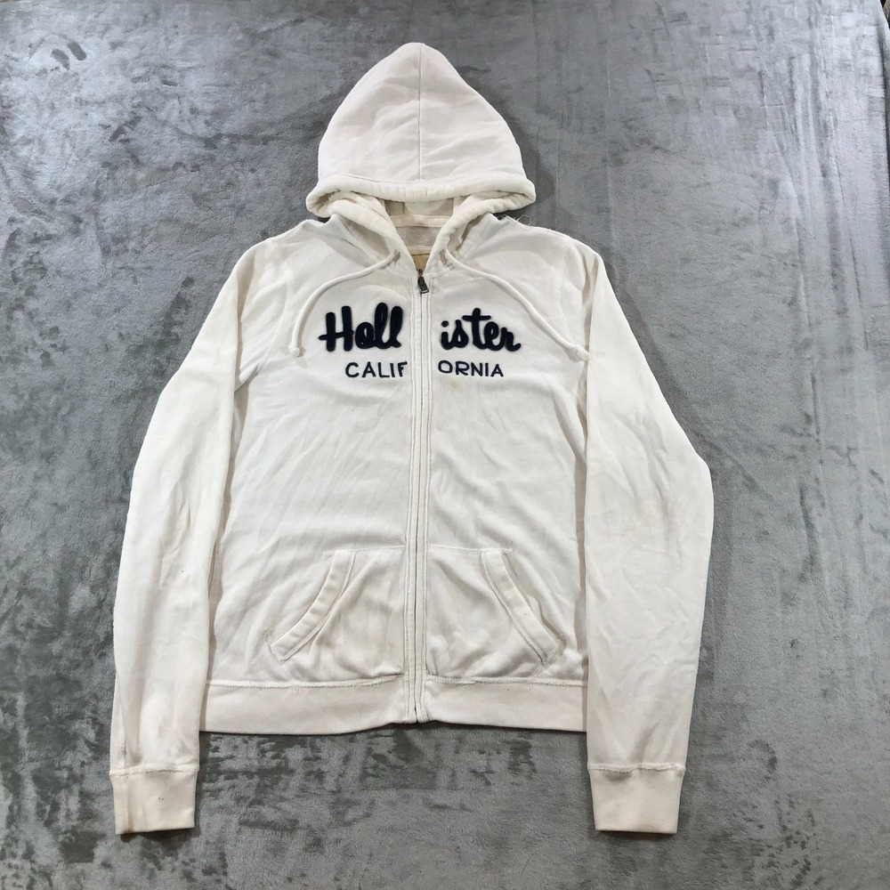 Vtg hollister hoodie sweater womens L ivory cream appliquet logo